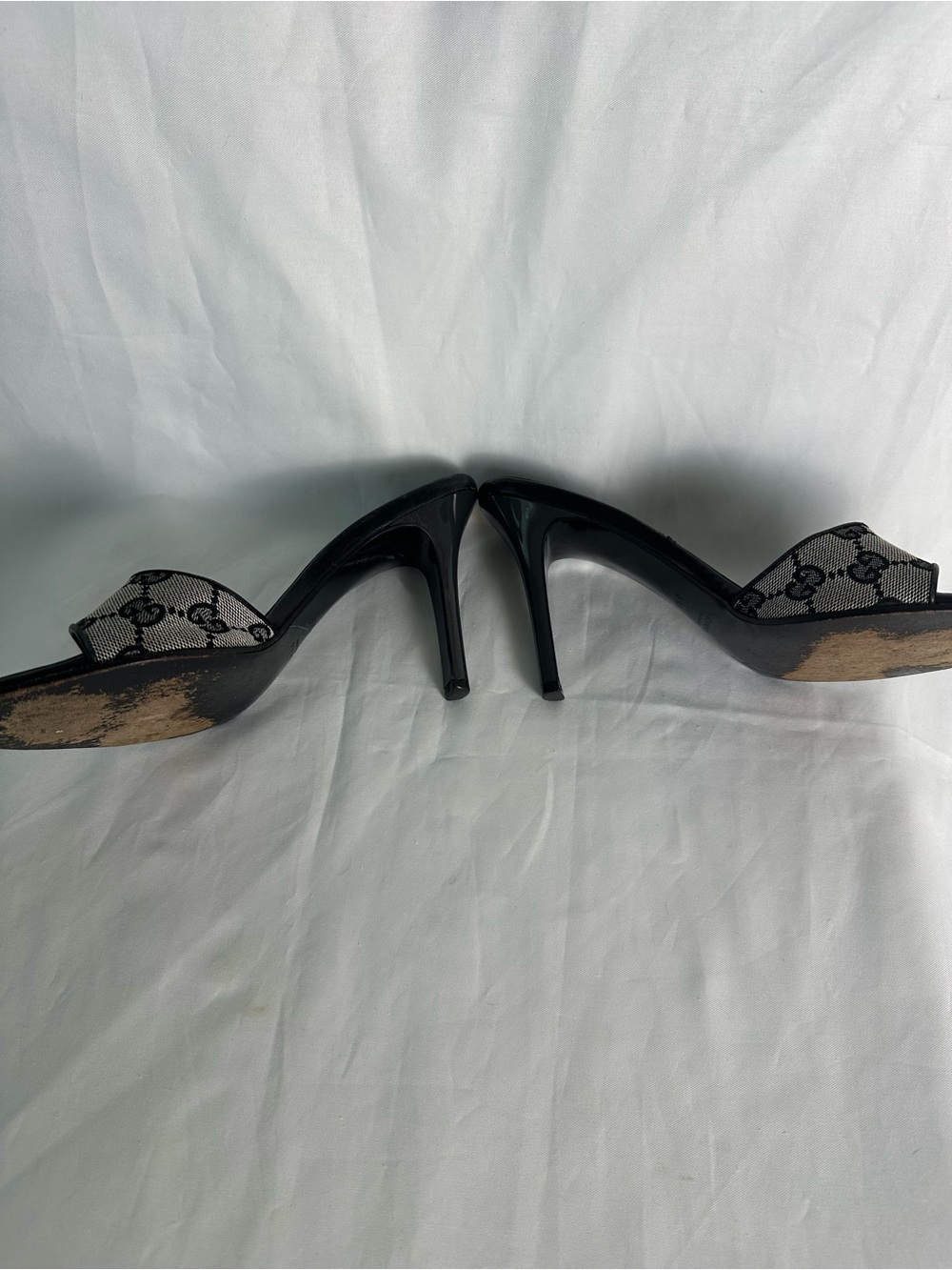 Vintage Gucci GG Monogram Canvas Heeled Mules Slides Black 6.5B Made in Italy - Picture 7 of 14